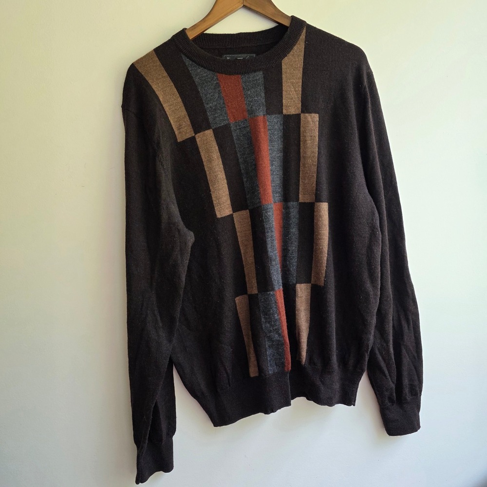 Vintage Mens XL Merino Wool Sweater Art Deco Brown Geometric Grandpa Core